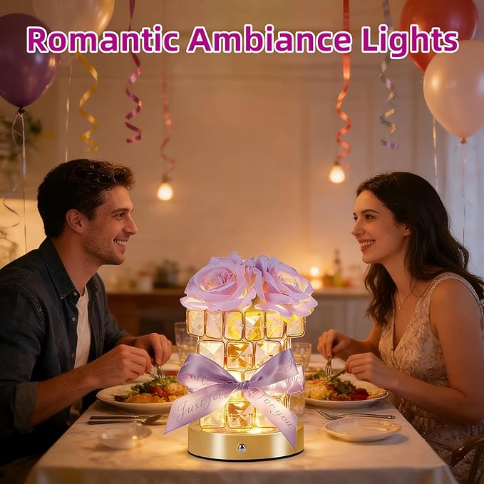 Rose Flower Lamp,Rechargeable Cordless Touch Table Lamp for Bedroom,3-Colour Dimming Flowers Night Light,Crystal Bedside Lamps with USB Charge,Birthday Valentine's Day Gifts for Women,Mom,Wife,Her