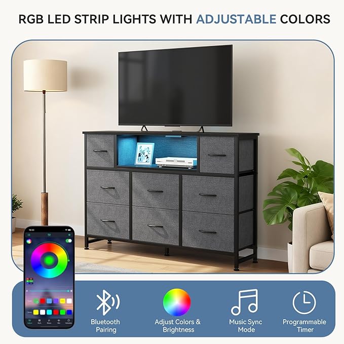DUMOS TV Stand Dresser with 8 Fabric Drawers and Open Shelves, LED Entertainment Center with Charging Station, Wood Top Media Console for 45-55 inch, Bedroom, Grey