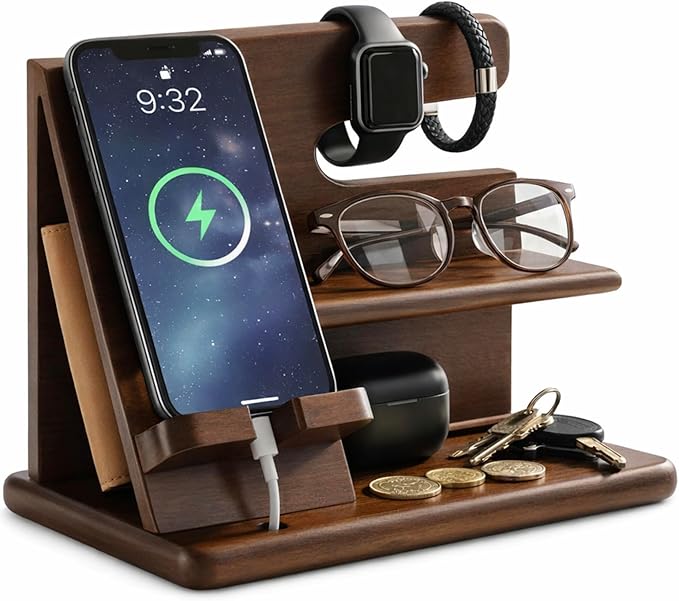 360° Rotating Nightstand Organizer - Wood Phone Docking Station with Rotating Base, Charging Slot, Holds watch, Wallet, Keys, Eyewear - Birthday Gifts for Men & Women, Bedroom or Office Use, Dark Brown