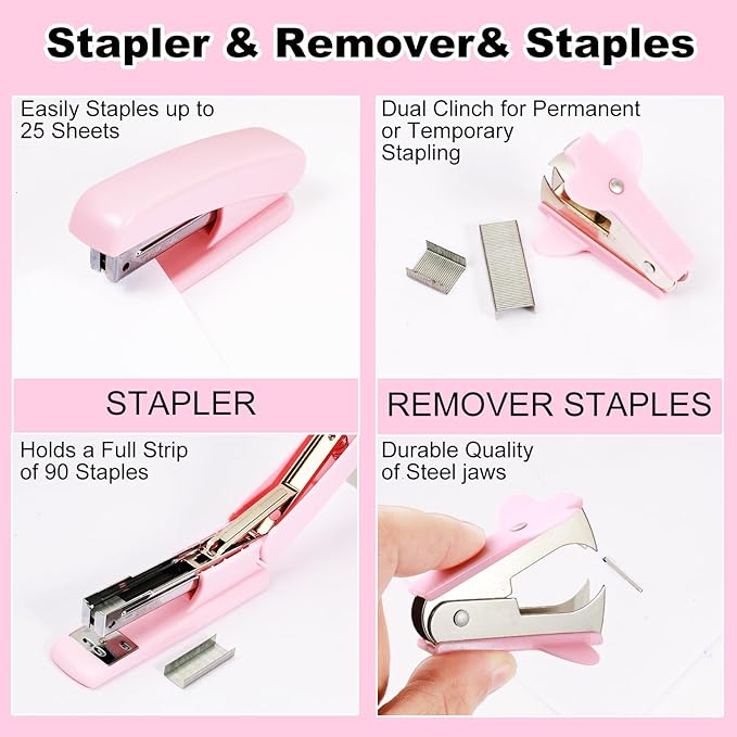 Pink Desk Organizers and Accessories Set with 360-Degree Rotating Pen Holder, Tape Dispenser, Stapler, Staple Remover, 1000 Staples, Tape, Clips Set, Ruler, Scissor, Pen