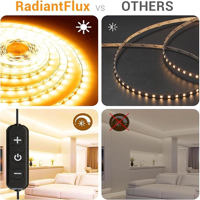 RadiantFlux Warm White Led Strip Lights for Bedroom, 65ft 1200Leds, Dimmable,Flexible, Super Bright LED Tape Lights for Living Room, Kitchen, Vanity Mirro （Indoor Use）