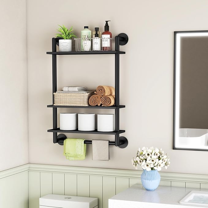 Bathroom Shelves Wall Mounted, 3 Tier Bathroom Shelf with Towel Bar, 26in Stainless Steel Floating Pipe Racks Over Toilet, Wall Shelves for Bathroom Laundry Room Kitchen Storage