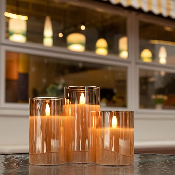 Glass LED Flameless Candles Set with Remote, Gold Battery Operated Fake Candles, Real Wax with Warm Flickering Light, Safe Decorative Pillar Candles for Home, Wedding, Party Gift (Pack of 3)