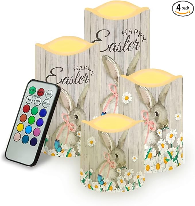 Easter Bunny Daisy Plastic Flameless Candles with Remote Control and Timer LED Flickering Battery Electric Pillar Candles for Table Easter Decoration