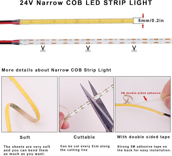 TOPAI 24V Thin 5mm COB LED Strip Waterproof 4000K Natural White 16.4ft Bright 4000Lm CRI>90 Uniform Dotless 400LEDs/M Self Adhesive Flexible Cuttable for DIY, Bedroom, Under Cabinet Lighting