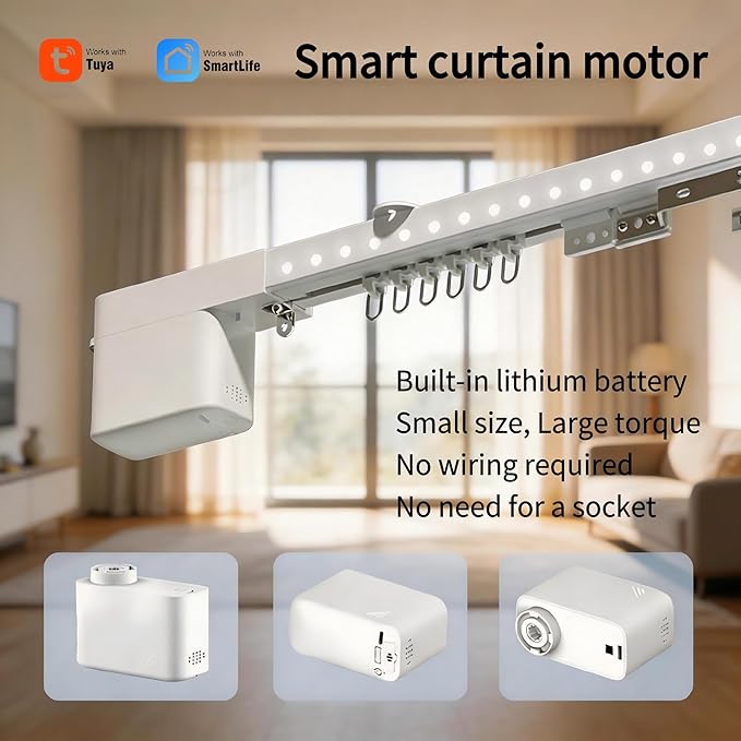 Smart Curtain Track System with Mini Zigbee Motor, Automatic Motorized Curtains Rod 204.7''(5.2m) with App, Voice, Remote Control, Compatible with Alexa,Google and Siri