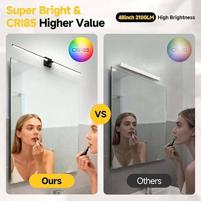Vanity Lights 48 inch, 4-Level Brightness Built-in Dimmer, 28W Dimmable 5CCT Bathroom Light Fixtures Over Mirror, Black Vanity Lights for Bathroom Mirror Cabinets Bedroom-FCC ETL Certified