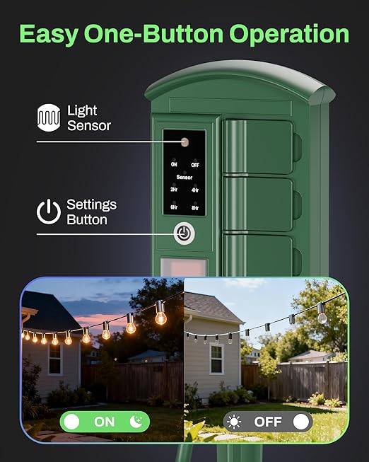 BN-LINK Outdoor Power Stake with Dusk to Dawn Timer, Waterproof 6 Grounded Outlets, 6FT Cord, 100FT Remote Control, Heavy Duty Outdoor Plug for Christmas Lights, Yard, Garden, ETL Listed