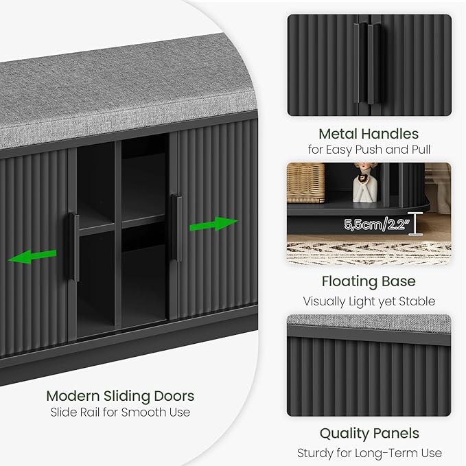 Shoe Storage Bench, Entryway Bench with Storage, Shoe Bench with Cushion and Sliding Door, Fluted Storage Bench, Entry Bench for Entryway, Hallway, Living Room, Bedroom, Black and Gray MHX02BB