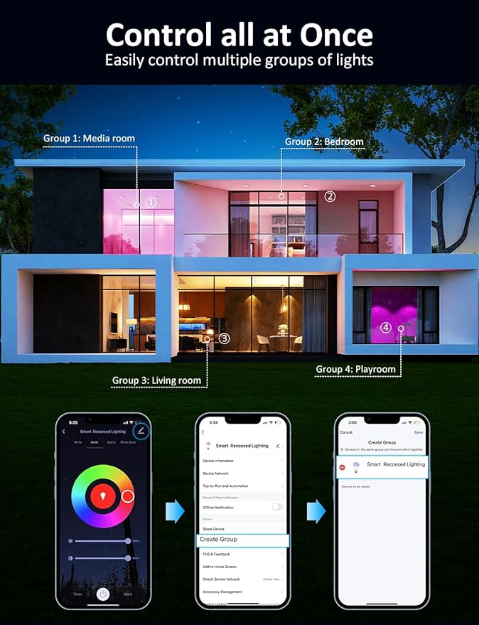 Wi-Fi & Bluetooth Smart Recessed Lighting 6 Inch RGB Downlight Can Lights – 13W 1100LM 93CRI, Ceiling Light with Signal-Boosting Mesh Gateway, Alexa/Google/Siri & Remote/App/Switch Control, 8 Pack