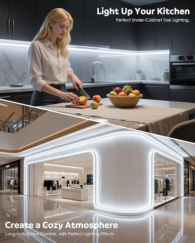 Aclorol 65.6FT White LED Strip Lights 24V Dimmable COB LED Strips Light with Remote & APP IP68 Waterproof for Under Cabinet Bathroom Courtyard Balcony Lighting (2 Rolls of 32.8FT)