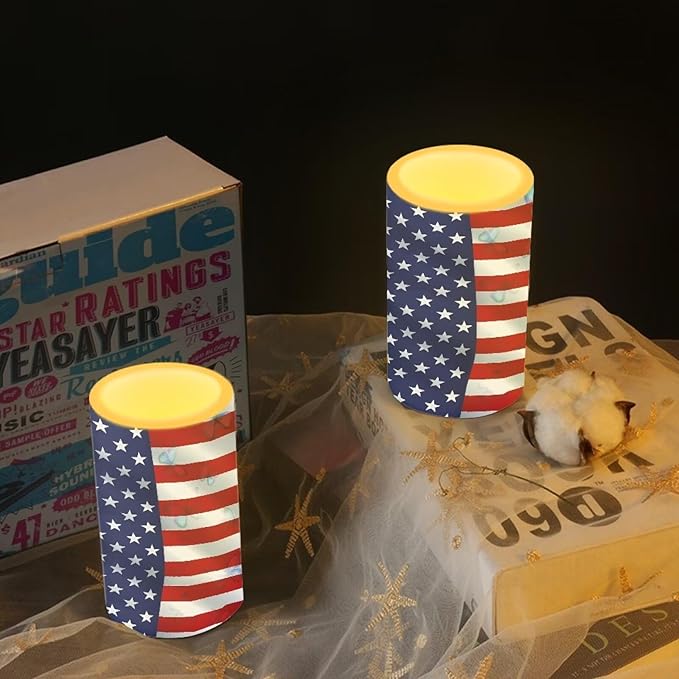 Flameless Candles LED American Flag Decorative Candles Butterfly Print Battery Operated Ornage Flickering Candles with 18-Key Remote Timer Pillar for Home Living Room Party Table Decorations