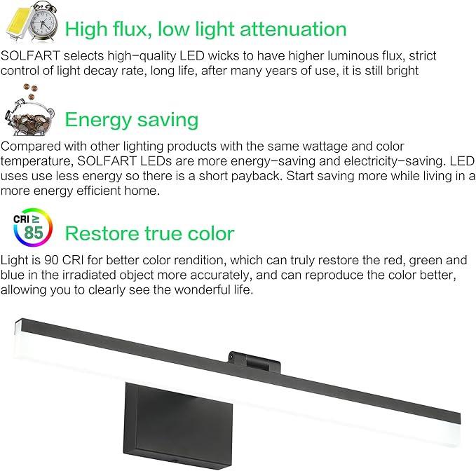 SOLFART 24 inch LED Modern Black Bathroom Vanity Lights Over Mirror Vanity Lighting Fixtures for Bath Matt Black Bathroom Light fixtures Bar
