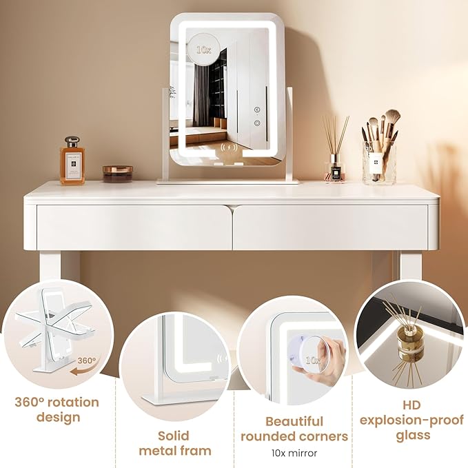 Dripex 5-in-1 Lighted Vanity Mirror with Bluetooth Speaker & Wireless Charging, 15"x12" LED Makeup Mirror with Lights 3 Colors Dimmable, Phone Holder Touch Keys 10X Magnification