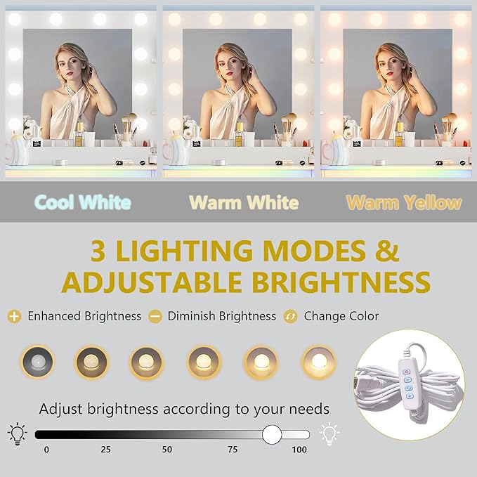 Vanity Desk with Mirror and Lights, 43'' Makeup Dressing Table Set with 5 Drawers & Power Outlet, 3 Lighting Modes Brightness Adjustable, Vanity with RGB Ambient Light for Women Girls Bedroom, White