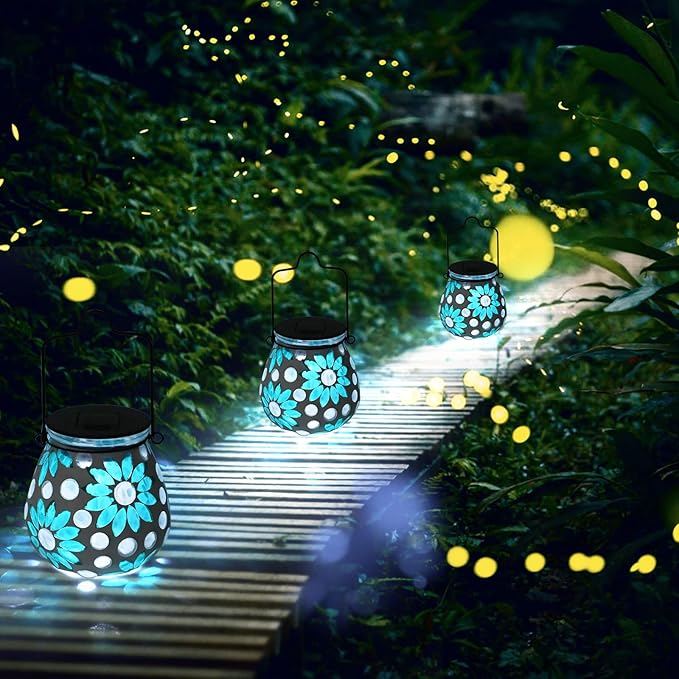 Bshine Mosaic Solar Lantern Outdoor Hanging Waterproof, Flower Mosaic Light Indoor Decorative Table, Garden Decor for Yard Outside, Path, Courtyard, Lawn, Birthday Gift for Mom Women Gardening