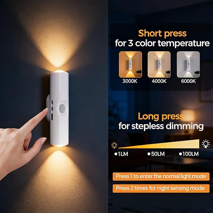 Smart Rechargeable LED Night Light, RGB Gradient Ambient Lighting is Dimmable, and The Magnetic/Stick-on Design for Bedroom, Stairs, Hallway, Entryway (4PC RGB 7-Color)