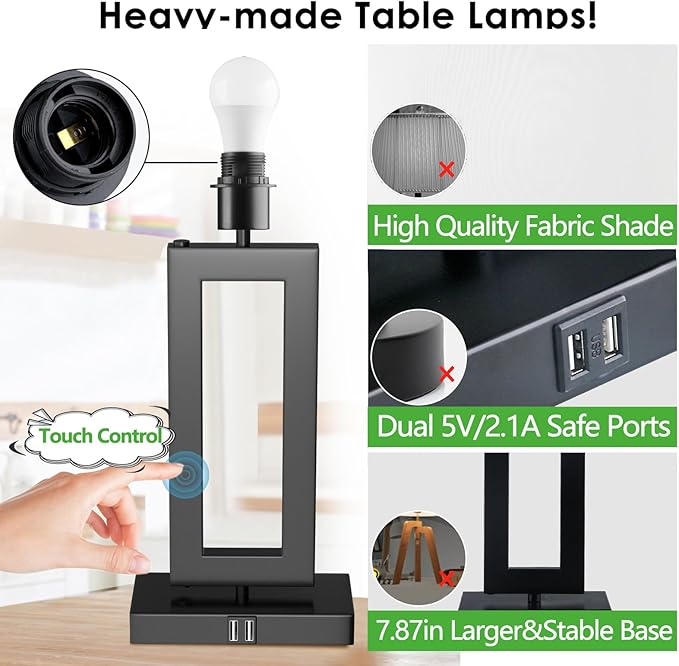 White& Black Table Lamp Set of 2 Touch Control Lamps 3-Way Dimmable Bedroom Bedside Nightstand Lamps w/USB Ports Modern Table Lamp for Living Room End Table Office, 22’’ Tall, Daylight