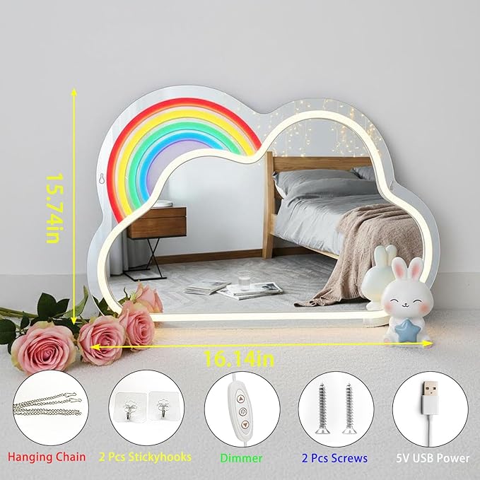 Cloud Rainbow Mirror with Light Neon Signs for Wall Decor，Makeup Mirror neon Sign Teen Girl Bedroom Becor for Birthday Christmas Halloween Thanksgiving