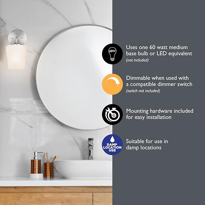 Design House 589283 Stasia Wall Light Sconce with Frosted Glass Tapered Shade for Bathroom Bedroom Entryway, Satin Nickel