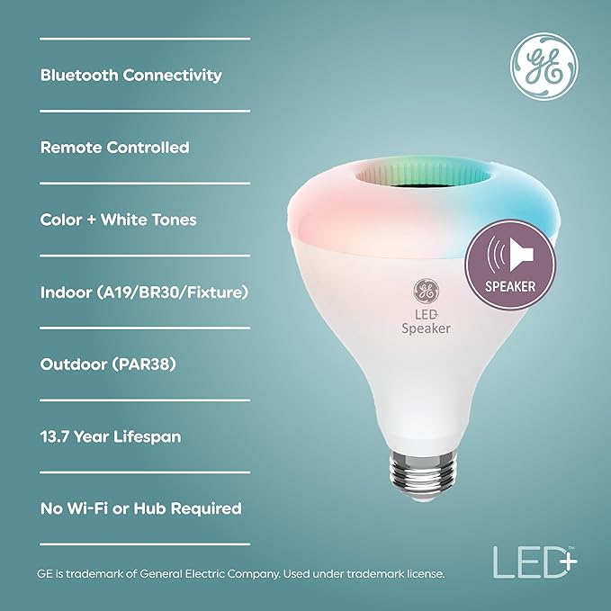 GE LED+ Color Changing Speaker LED Light Bulb, BR30 Indoor Floodlight Bulb, Soft White and Multicolor (1 Pack)