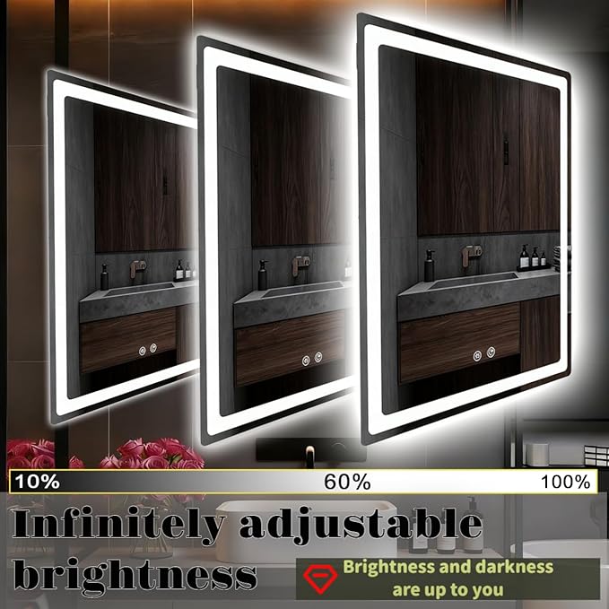 LTFUUAI 24"X32" LED Bathroom Mirror with Lights, Smart Touch 3-Color Dimming Lighted Vanity Mirror Wall Mounted, Anti-Fog Shatterproof with Front & Back Light, for Bathroom Vanity