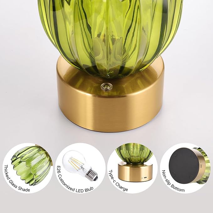 Cordless Small Table Lamp with 5200mAh Battery & Touch Control, Battery Operated Tulip Table Lamp with 3 Colors, Rechargeable Mini Table Lamps for Bedsides, Bedroom, Nightstand (Green)