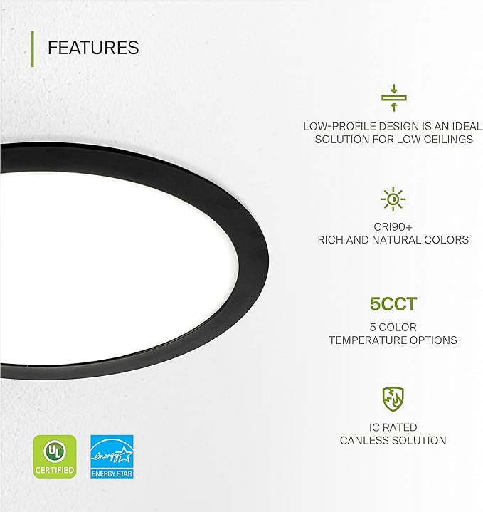 ASD 1 Pack 11/12 Inch LED Recessed Lighting 24W, 5 CCT 2700K-5000K CRI90+, IC Rated Ultra Thin Dimmable Ceiling Lights with J Box, Canless Wafer Downlight, Round Slim Panel Light, UL Listed, Black