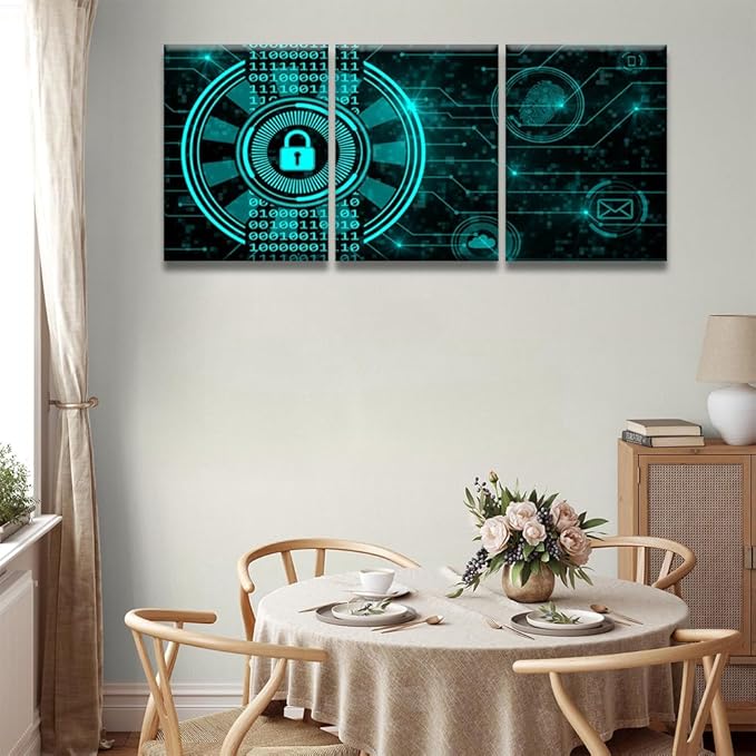 LSIUHWUWI Modern Wall Art 3 Piece Secure Technology Concept Padlock Binary Code Hud Posters for Wall Decoration, Connecting Lines Fingerprint Cloud Mail Artwork Framed Ready to Hang, 12x16inchx3