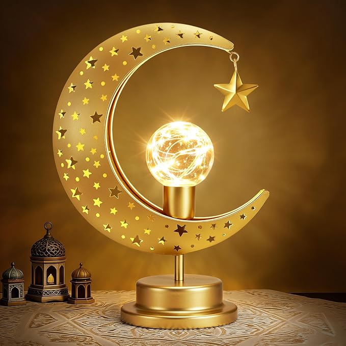Lewondr Ramadan Moon Lamp, Crescent Moon with Star Table Lamp, Battery Powered Ramadan Desk Lamp Decorations Crescent Table Light Bedside Night Stand Desktop Living Room Home Decor, Eid Mubarak Decor