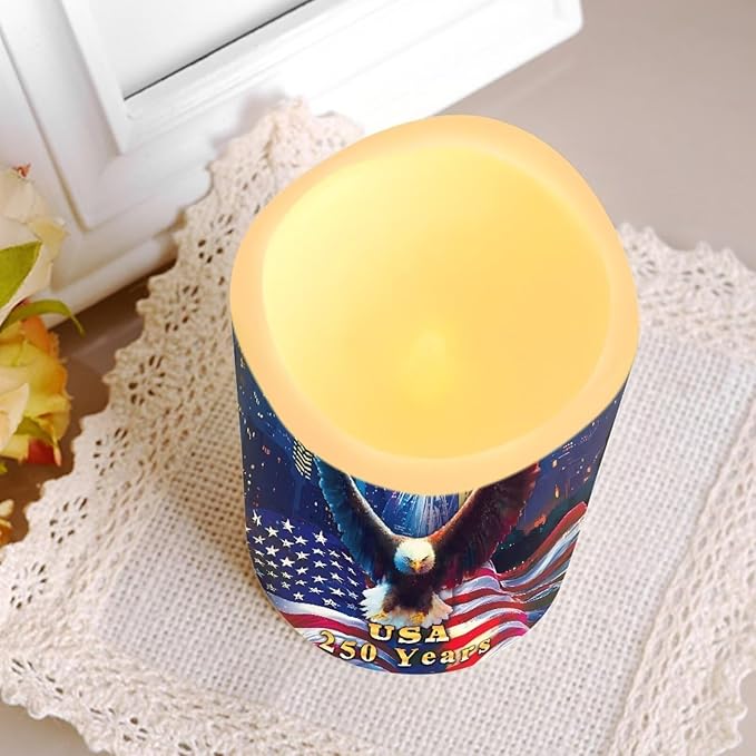 American Flag Fake Candles Bald Eagle Fourth of July LED Candle Battery Operated Flickering Remote 250th Anniversary Patriotic Decor for Bedroom Wedding Restaurant, 4 Pack