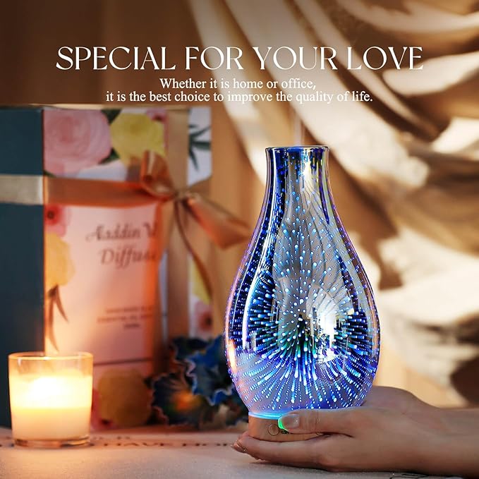 Porseme Essential Oil Diffuser 3D Glass Aromatherapy Ultrasonic Humidifier Cool Mist, Auto Shut-Off, Timer Setting, BPA Free for Home Office Hotel Yoga Gym Leisure SPA Gift 100ml