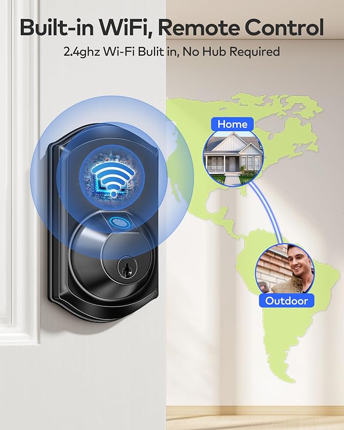 TEEHO TE012W WiFi Smart Lock, Fingerprint Door Lock with Built-in Wi-Fi, Keyless Entry Keypad Smart Deadbolt, App Remote Control, Alexa Compatible, IP55 Waterproof for Front Door – Matte Black