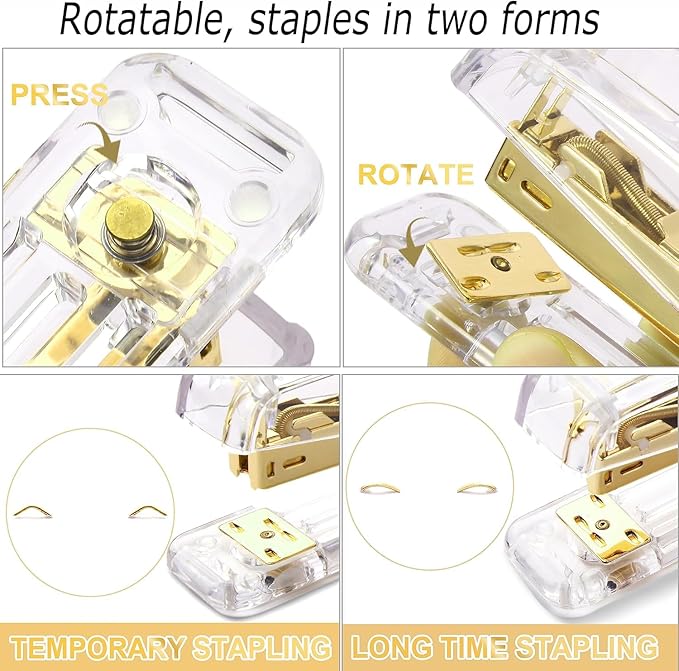 Gold Desk Organizers and Accessories Set with 360-Degree Rotating Pen Holder, Acrylic Stapler, Tape Holder, Staple Remover, Binder/Paper Clips Kit, Scissor and 1 Box of Staples