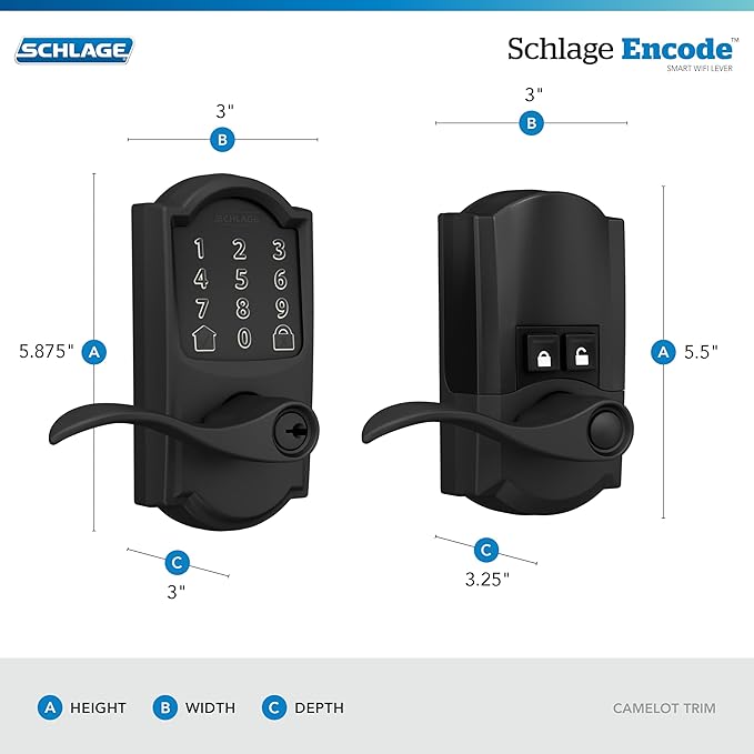 Schlage Encode Smart Wi-Fi Lock with Lever Handle, Touchscreen Keypad, Keyless Entry Door Lock, App Control, Alexa, Google Home and Airbnb Compatible, Matte Black, FE789WB CAM 622 Acc