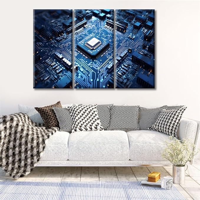 3 Pieces Circuit Board Pictures Pictures for Living Room Technology Blue AI Wall Art Prints on Canvas Chip Painting Modern Artwork Wall Decor for Bedroom Office Bathroom Decor Ready to Hang, (42"Wx28"H)