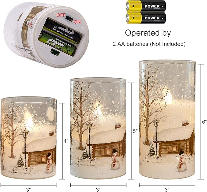 Wondise Snowman Glass Flameless Candles with Remote and Timer, Battery Operated Real Wax LED Flickering LED Candles White Cold Light Window Christmas Holiday Decor D3 x 4",5",6"