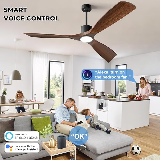 Ceiling Fans with Lights, Ceiling Fans with Lights and Remote, 60 inch Modern Smart Ceiling Fan with Light, Outdoor Ceiling Fans for Patios 3 Blade Bedroom Living Room Porch(Dark Walnut)