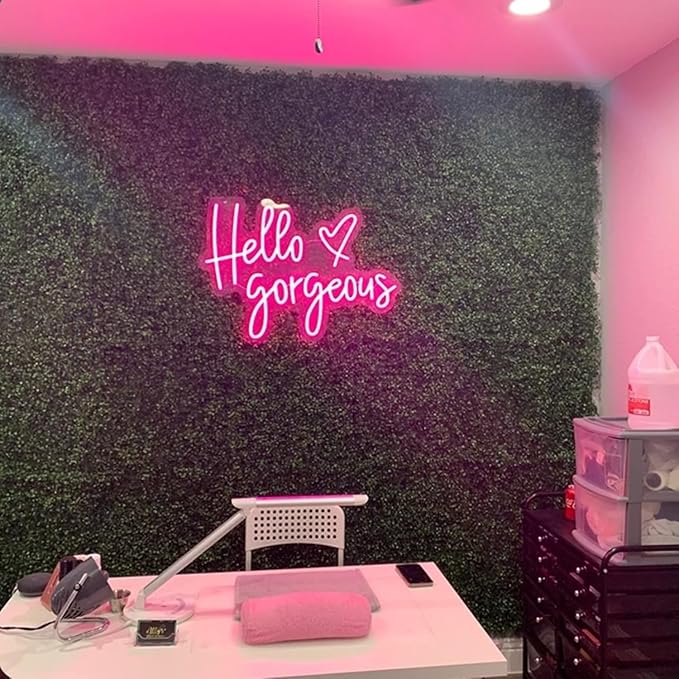 Neon Hello gorgeous Signs LED Decorative Pink Neon Lights for Girls Bedroom Dorm Decor,Home Party Wall Decor,Birthday Gifts,USB Powered,Equipped with Dimmable Switch(Pink Hello,17x10in)