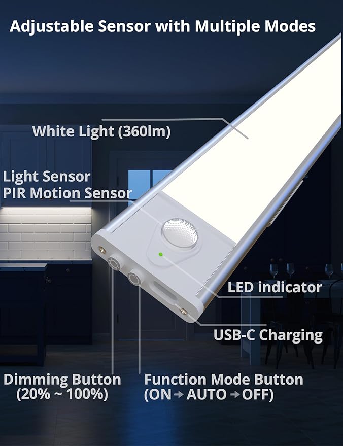 23.6in Under Cabinet Lighting, 101-LED, Dimmable, Rechargeable 4400mAh Battery, Indoor Wireless Motion Sensor Closet Light for Kitchen, Counter, Wardrobe (Silver)-2 Pack