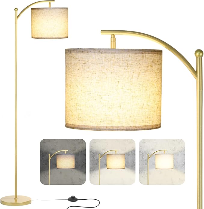 Floor Lamp for Living Room, Dimmable Floor Lamp with Foot-Step Switch Standing Lamp with Linen Shade Reading Lamp for Living Room Bedroom Office Dining Room, 9W Bulb Included (Gold)