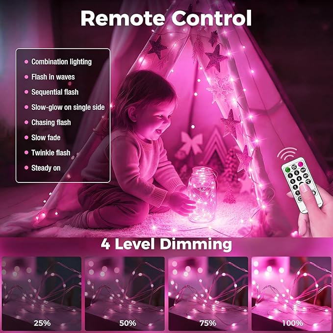 btfarm Fairy Lights Plug in with Remote, 33FT 100 LED Outdoor Twinkle Lights Waterproof with Timer, 8 Modes Indoor String Lights for Bedroom Patio Garden Wedding Christmas Decoration, Pink