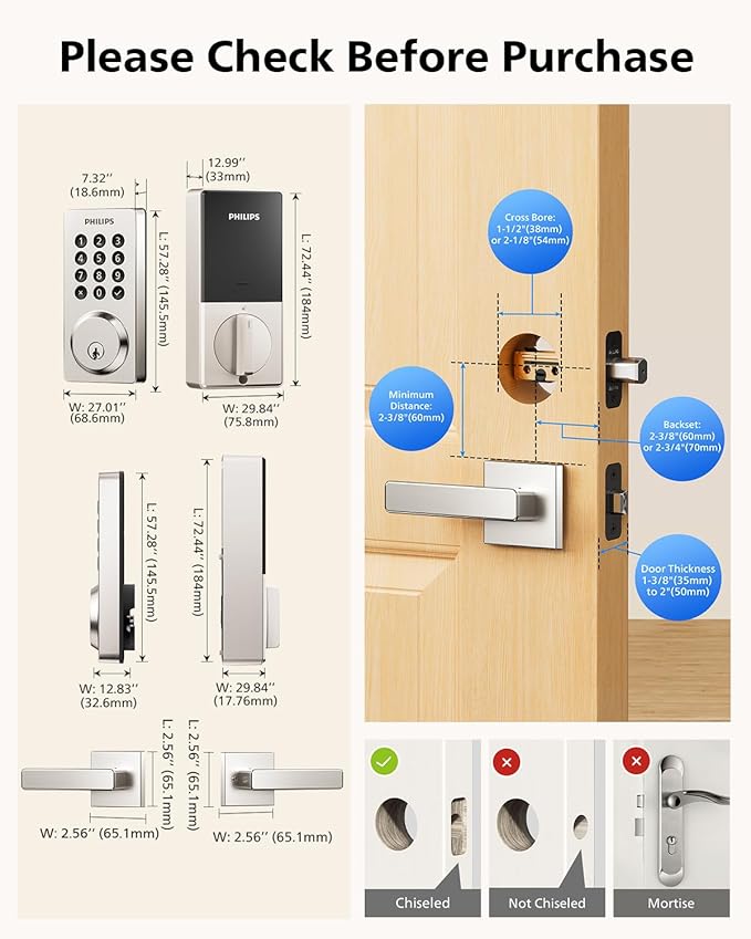 Philips WiFi Smart Door Lock with Handle, Built-in WiFi App Remote Control, Keyless Entry Door Locks for Front Door, Smart Deadbolt Auto Lock, Support Alexa & Google, IP54 Waterproof, Satin Nickel