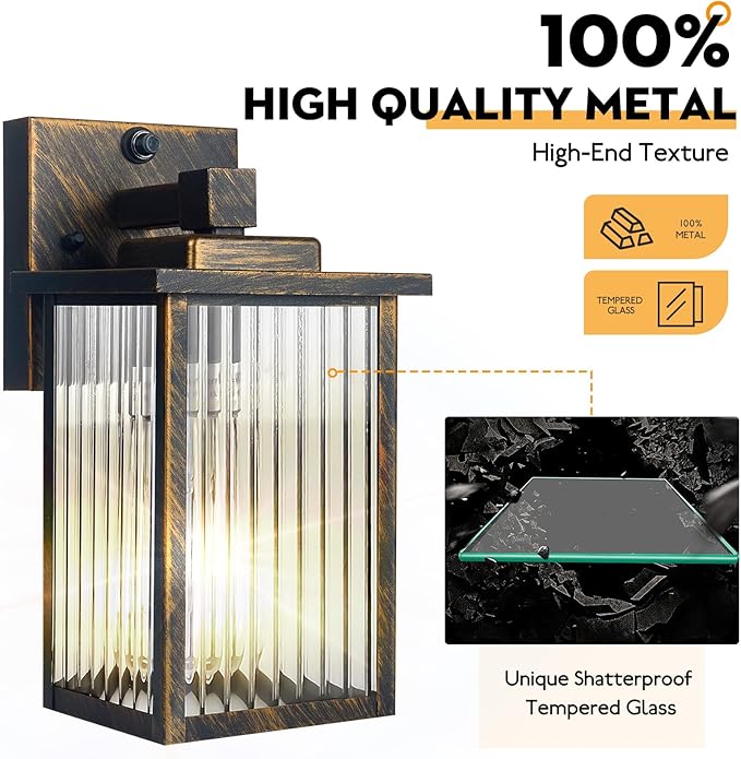 2 Pack Outdoor Wall Lights with Dusk to Dawn Sensor, Waterproof Exterior Lights for House Porch and Garage, Black Brush Gold Metal Wall Sconce with Textured Glass