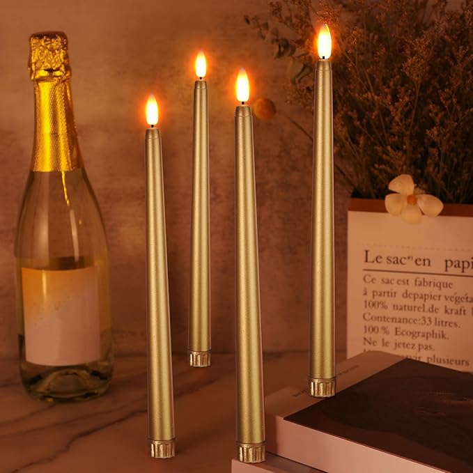 Macarrie 24 Packs Flameless Taper Candles Battery Operated Fake 11 Inch Long Candlelight LED Flameless Candlesticks Flickering Tapered for Spring Summer Wedding(Gold)
