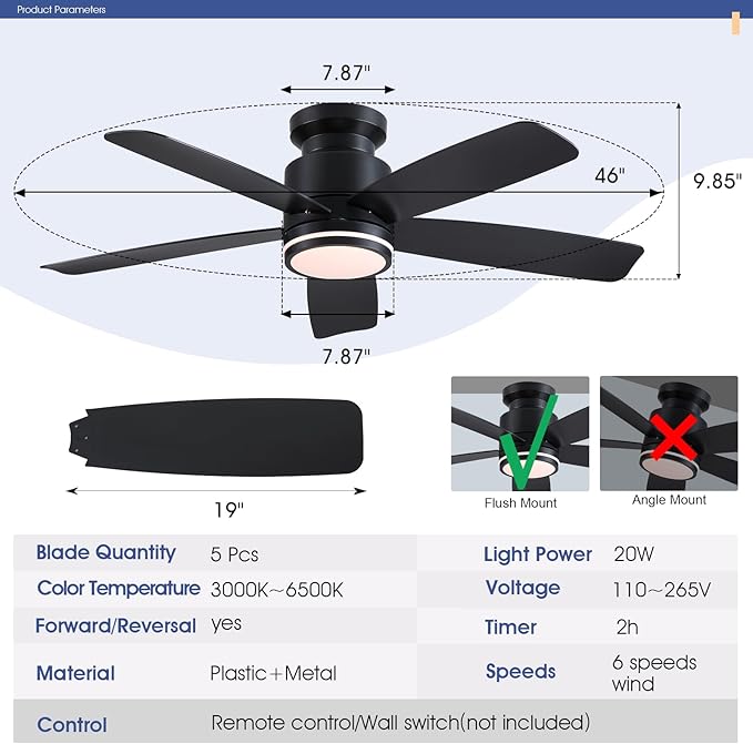46 Inch Black Flush Mount Ceiling Fan with Light, 5 Blades Reversible Fan, 6-Speed & 2-Hour Timer, Remote Control, 3 CCT Dimmable for Living Room Bedroom