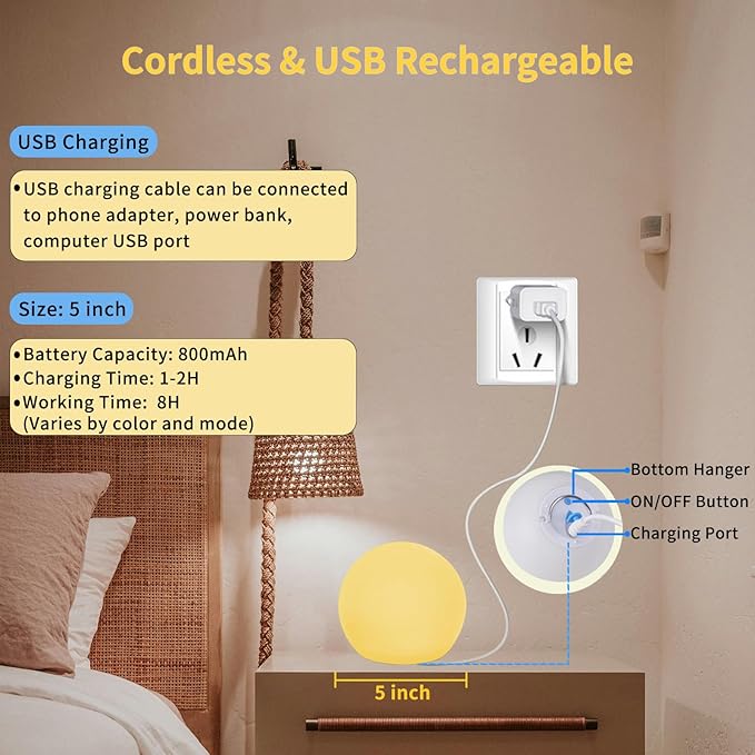 LED Ball Light,5-Inch Cordless Orb Light with Remote,16 Color Changing Night Light for Kids,Rechargeable Mood Lamp,IP68 Waterproof for Home,Party,Pool,Christmas Decor