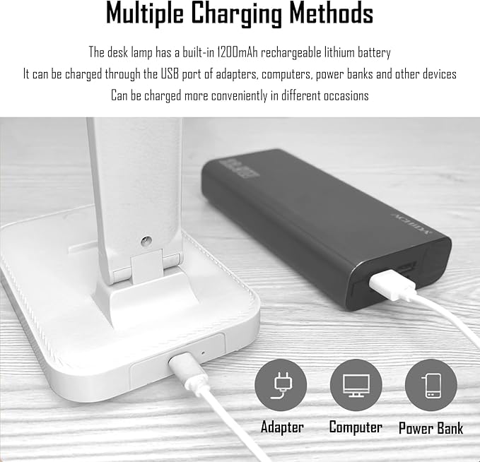 LED Double Head Desk Lamp, Rechargeable Portable Table Lamp, Adjustable Light Color and Brightness, USB Powered, LED Light for Work, Reading, Emergency (White)