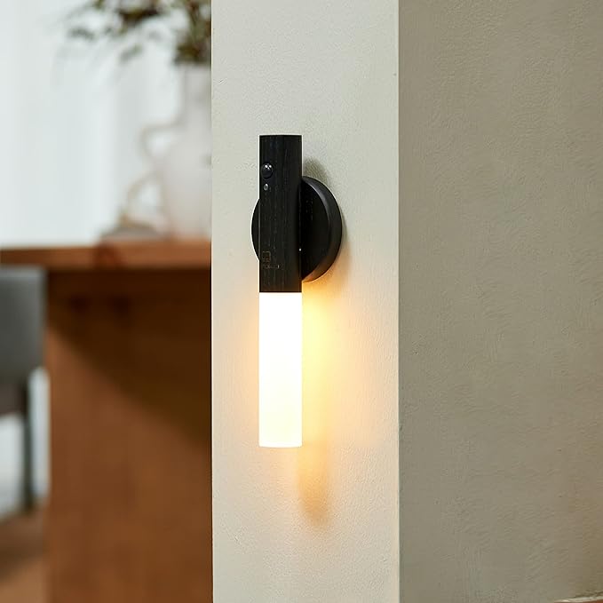 Gingko Smart LED Baton Wall Light, Rechargeable with Motion Sensor, Made from Natural Wood with Magnetised Base (Black)