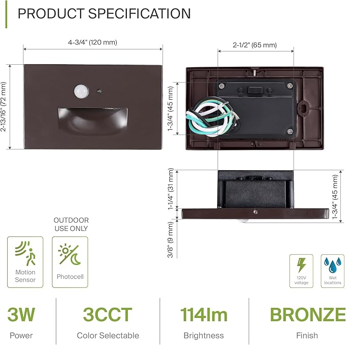 ASD LED Recessed Step Light Fixture, Dusk to Dawn Outdoor Tread Lighting | 3CCT, Motion Sensor, Photocell, Waterproof, ETL Listed | 3W 120LM 3000K-5000K 120V | Staircase Illumination | Dark Bronze